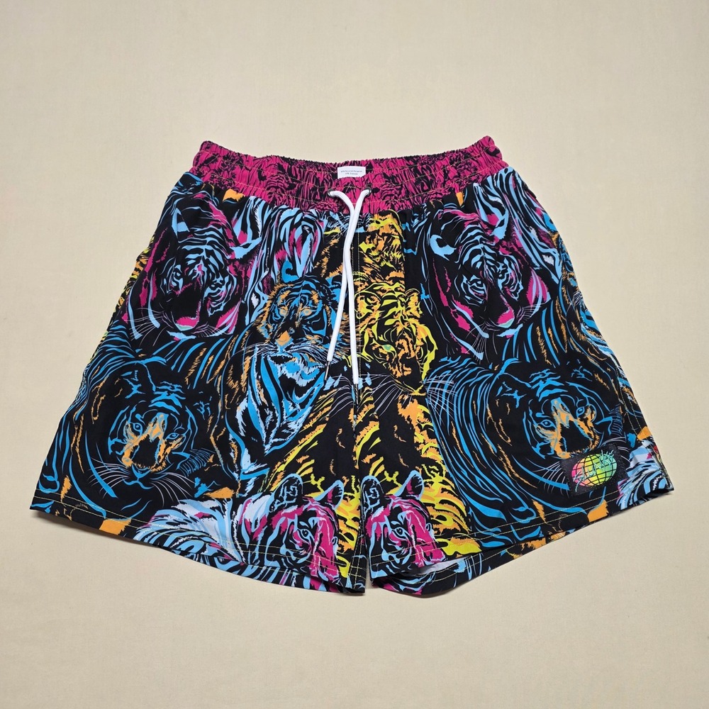 Slunks Mens Small Tiger Print Athletic Swim Shorts Multicolor Retro Psychedelic